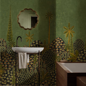 The Garden of Lila wallpaper by Deus ex Gardenia in dark green, a tall forest mural in a bathroom
