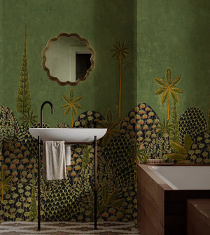 The Garden of Lila wallpaper by Deus ex Gardenia in dark green, a tall forest mural in a bathroom