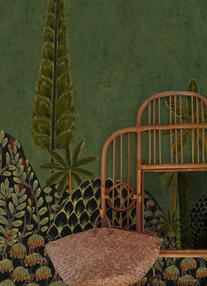 The Garden of Lila wallpaper by Deus ex Gardenia in dark green, a tall forest mural in a styled room setting