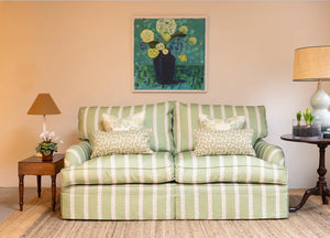 Double Scroll Stripe linen by Parker and Jules in lilac, wavy scroll stripes in a living room