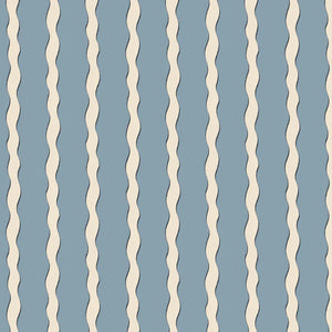 Scroll Stripe linen by Parker and Jules in blue, full repeat of wavy scroll stripes