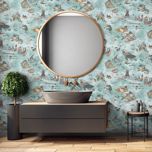 Sea Life wallpaper by Brand McKenzie in pale blue, fish and sea creatures on a bathroom wall