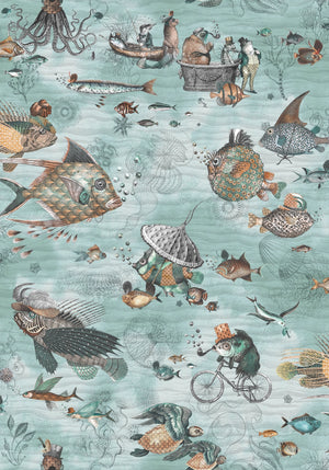Sea Life wallpaper by Brand McKenzie in pale blue, pattern detail of fish and sea creatures