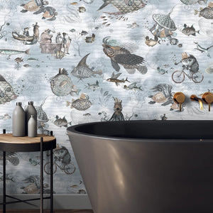 Sea Life wallpaper by Brand McKenzie in beige, fish and sea creatures in a bathroom setting