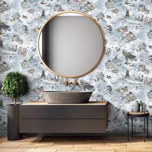 Sea Life wallpaper by Brand McKenzie in pale grey, fish and sea creatures in a bathroom