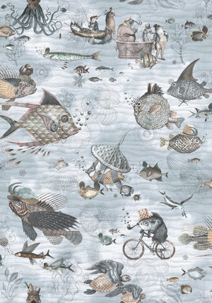Sea Life wallpaper by Brand McKenzie in pale grey, detail of fish and sea creatures