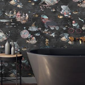 Sea Life wallpaper by Brand McKenzie in charcoal and pink, fish and sea creatures in a bathroom