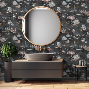 Sea Life wallpaper by Brand McKenzie in charcoal and pink, fish and sea creatures on a bathroom wall