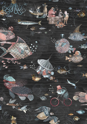 Sea Life wallpaper by Brand McKenzie in charcoal and pink, detail of fish and sea creatures