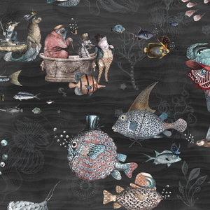 Sea Life wallpaper by Brand McKenzie in charcoal and pink, close-up of fish and sea creatures