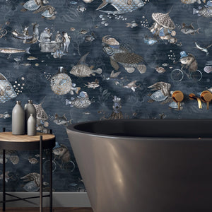 Sea Life wallpaper by Brand McKenzie in navy, fish and sea creatures in a bathroom setting