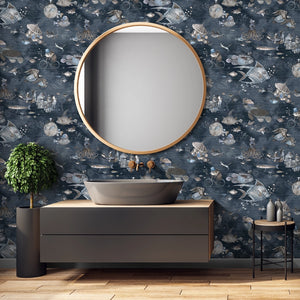 Sea Life wallpaper by Brand McKenzie in navy, fish and sea creatures in a bathroom