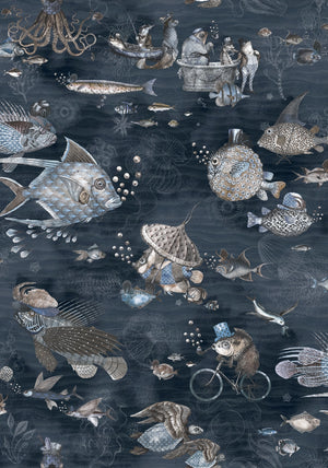 Sea Life wallpaper by Brand McKenzie in navy, pattern detail of fish and sea creatures