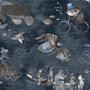 Sea Life wallpaper by Brand McKenzie in navy, close view of fish and sea creatures