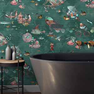 Sea Life wallpaper by Brand McKenzie in teal and coral, fish and sea creatures on a bathroom wall