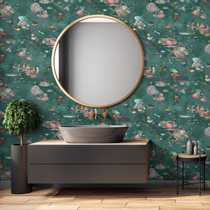 Sea Life wallpaper by Brand McKenzie in teal and coral, fish and sea creatures in a bathroom setting