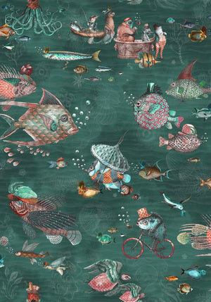 Sea Life wallpaper by Brand McKenzie in teal and coral, detail of fish and sea creatures