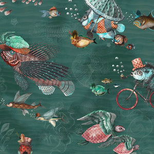 Sea Life wallpaper by Brand McKenzie in teal and coral, close-up of fish and sea creatures