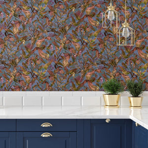 Seahorse Mangrove wallpaper by Brand McKenzie in rust, seahorses among mangrove leaves in a kitchen