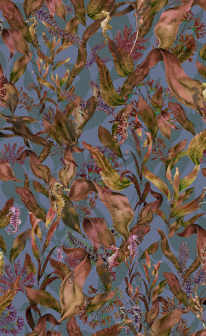 Seahorse Mangrove wallpaper by Brand McKenzie in lilac and orange, detail of seahorses among mangrove leaves