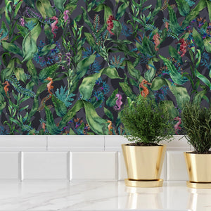 Seahorse Mangrove wallpaper by Brand McKenzie in black, seahorses among mangrove leaves above kitchen cabinets