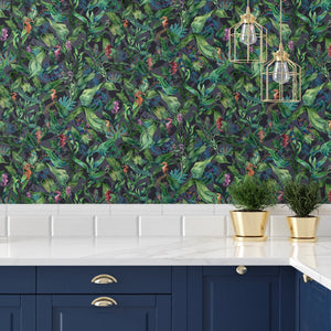 Seahorse Mangrove wallpaper by Brand McKenzie in dark green, seahorses among mangrove leaves in a kitchen