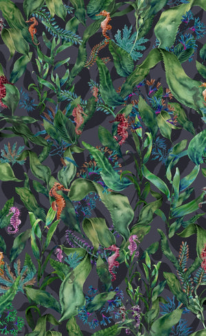 Seahorse Mangrove wallpaper by Brand McKenzie in dark green, pattern detail of seahorses among mangrove leaves