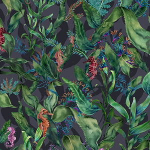 Seahorse Mangrove wallpaper by Brand McKenzie in dark green, close view of seahorses among mangrove leaves