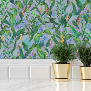 Seahorse Mangrove wallpaper by Brand McKenzie in green, seahorses among mangrove leaves behind bar stools