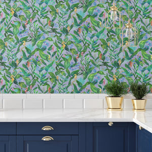 Seahorse Mangrove wallpaper by Brand McKenzie in green, seahorses among mangrove leaves above kitchen cabinets