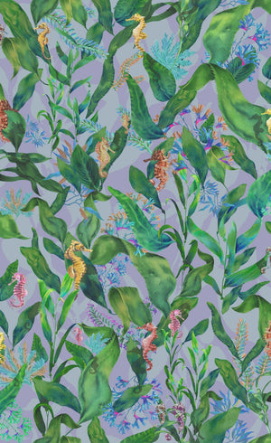 Seahorse Mangrove wallpaper by Brand McKenzie in green, detail of seahorses among mangrove leaves
