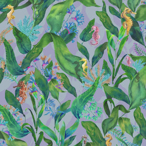 Seahorse Mangrove wallpaper by Brand McKenzie in green, close-up of seahorses among mangrove leaves