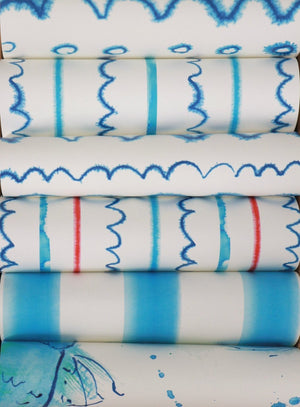 Sea Lines linen by Seed Home Designs in blue and white, pattern sample of fine watercolour stripes