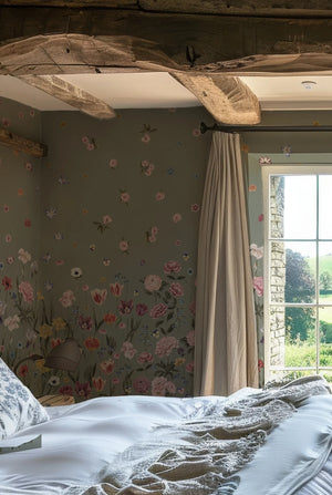 Seasons in Bloom wallpaper by Victoria Sanders in sage green, a meadow of flowers rising from the base behind a bed