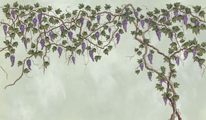 Seasons of the Vine wallpaper by Dami and Em Design in green, flat sample of grape vines