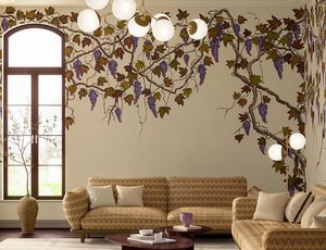 Seasons of the Vine wallpaper by Dami and Em Design in cream, grape vines on a living room wall