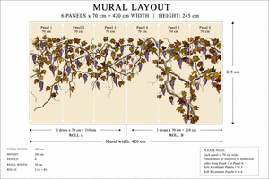 Seasons of the Vine wallpaper by Dami and Em Design in cream, mural panel plan showing grape vines