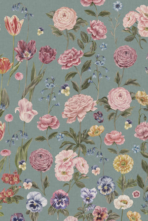 Seasons in Bloom wallpaper by Victoria Sanders in duck egg blue, close view of a meadow of flowers rising from the base