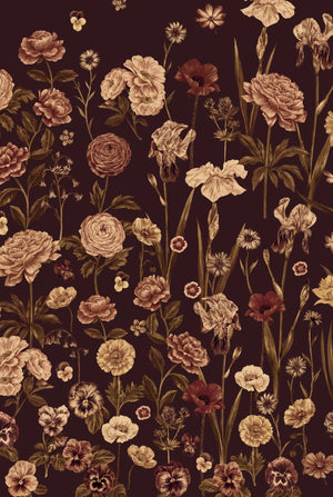 Seasons in Bloom wallpaper by Victoria Sanders in burgundy, pattern sample of a meadow of flowers rising from the base