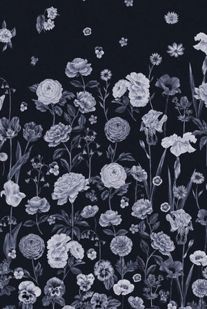 Seasons in Bloom wallpaper by Victoria Sanders in navy and lilac, close-up of a meadow of flowers rising from the base