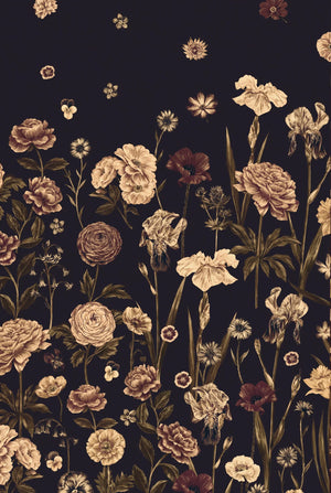 Seasons in Bloom wallpaper by Victoria Sanders in black and gold, detail of a meadow of flowers rising from the base