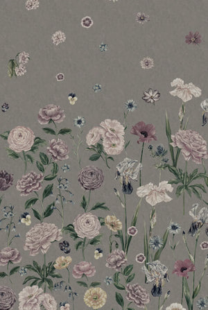 Seasons in Bloom wallpaper by Victoria Sanders in grey, full repeat of a meadow of flowers rising from the base