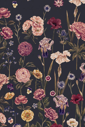 Seasons in Bloom wallpaper by Victoria Sanders in charcoal, close-up of a meadow of flowers rising from the base