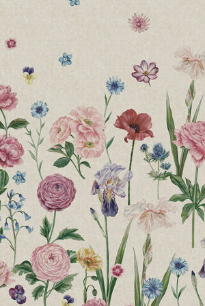 Seasons in Bloom wallpaper by Victoria Sanders in cream, detail of a meadow of flowers rising from the base