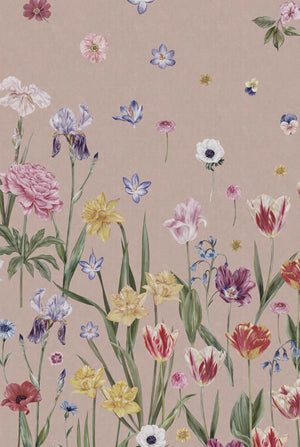 Seasons in Bloom wallpaper by Victoria Sanders in pink, full repeat of a meadow of flowers rising from the base