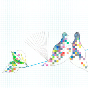 She Chose Science wallpaper by The Monkey Puzzle Tree in white, full repeat of pixelated birds (alternate view)