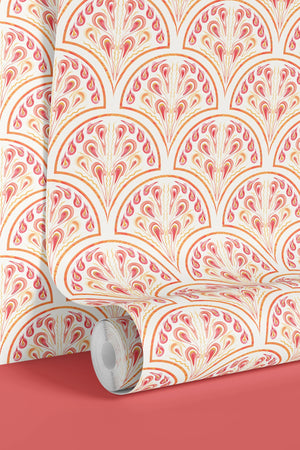 Shell Seekers wallpaper by Liberty James Studio in pink, roll showing a scallop shell pattern