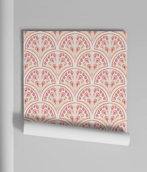 Shell Seekers wallpaper by Liberty James Studio in pink, sample roll showing a scallop shell pattern