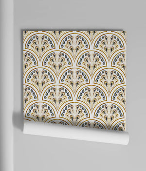 Shell Seekers wallpaper by Liberty James Studio in blue and yellow, roll showing a scallop shell pattern