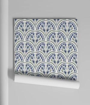 Shell Seekers wallpaper by Liberty James Studio in blue, roll showing a scallop shell pattern